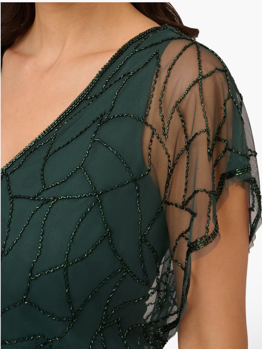 Adrianna Papell Dark Green Beaded Flutter Sleeve Gown NWT SZ 14 Formal MOB GALA - Picture 4 of 13